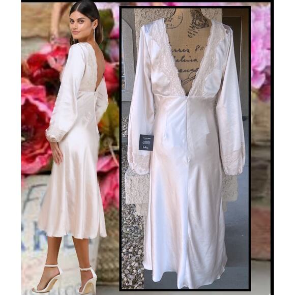 Lulus Women Illustrious Elegance Champagne Satin Long Sleeve Midi Dress Size M - Picture 5 of 10